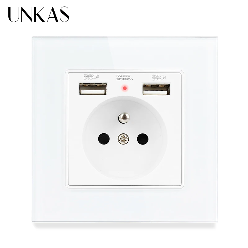 UNKAS Gray Crystal Glass Panel French Power Socket With Dual USB Port Grounded 16A Hidden Soft LED Indicator Electrical Outlet |