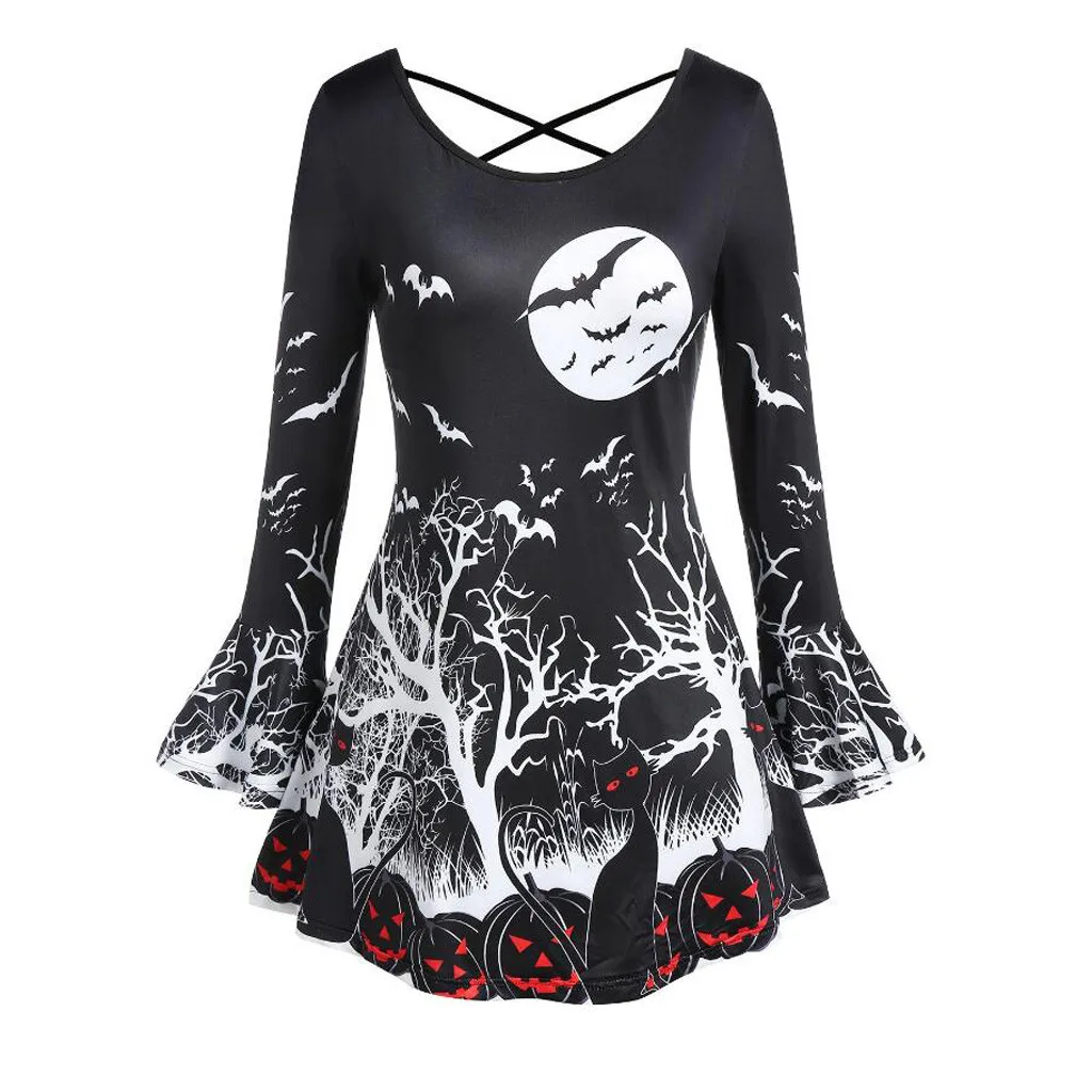 CHAMSGEND Women's Blouses Punpkin Cat Printed Blouse Tops Trumpet Sleeve Halloween Female Shirt Plus Size 19Sep20 | Женская одежда