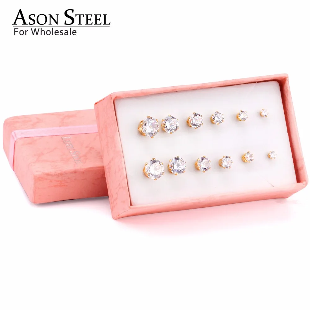 ASON, стальные серьги-гвоздики для женщин, розовый цвет, Круглый AAA кристалл, 6 пар/кор., набор сережек, нержавеющая сталь, Mujer Bijoux, подарок для любви