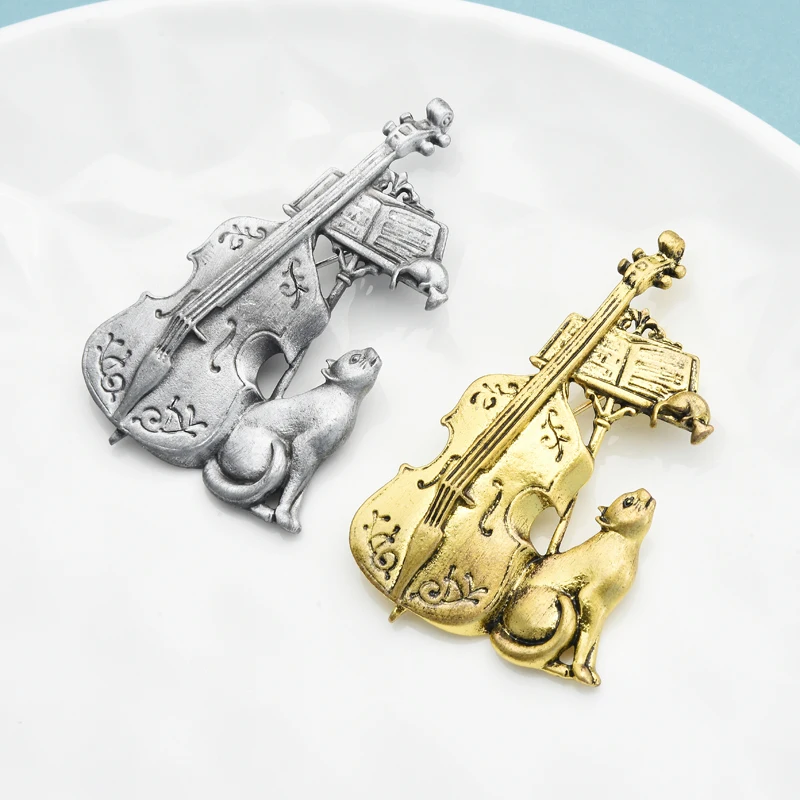Wuli&ampbaby Винтажный брошь с котом-скрипкой Виолончель для женщин и мужчин, романтическая гитара и животные, повседневная брошь-зажим для подарков на вечеринке.