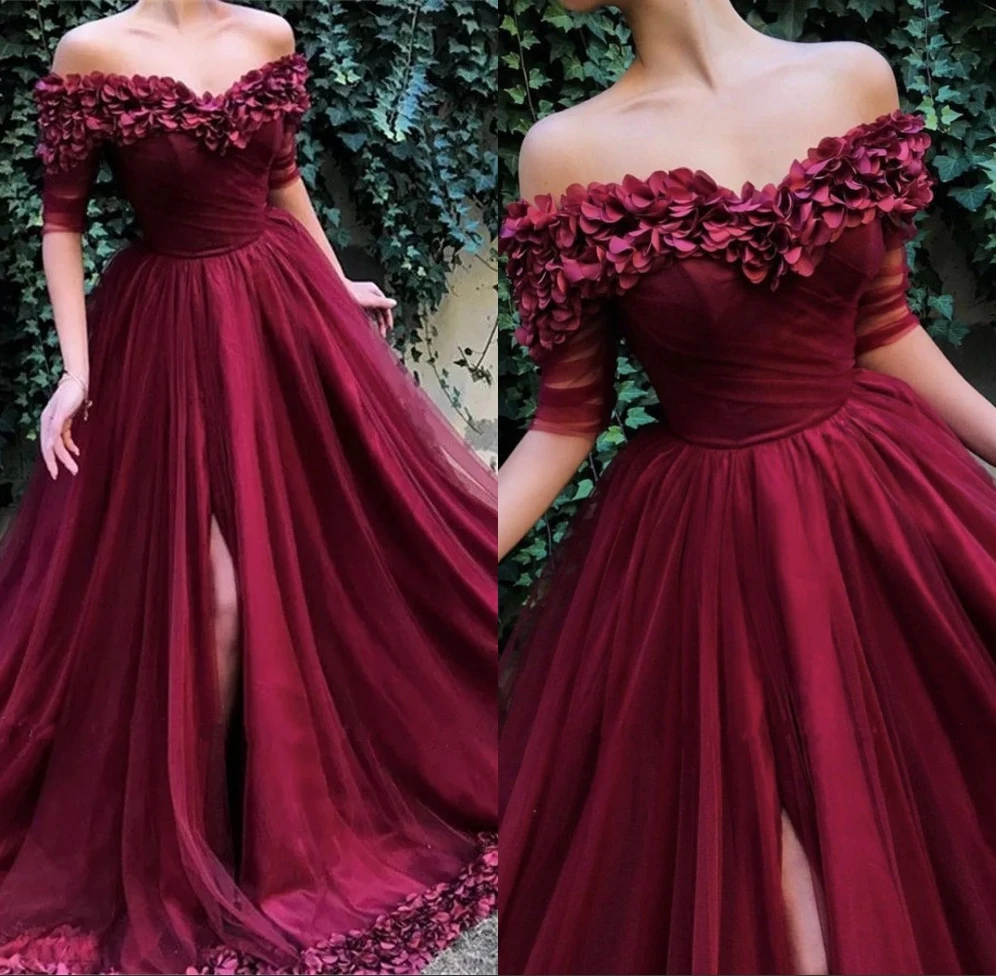 Бордовые вечерние платья с объемным цветком длинные 2019 разрезом вырезом