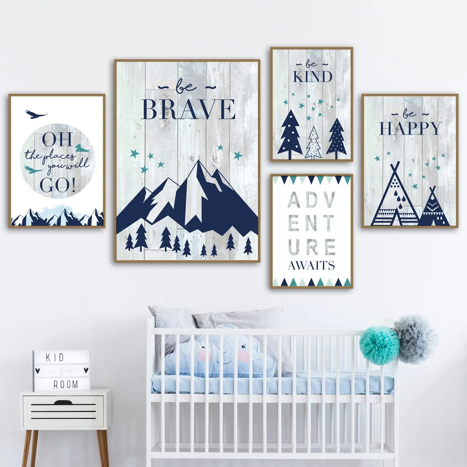 

Nordic PostersMountain Forest Tent Brave Quotes Wall Art Canvas Painting Cartoon And Prints Wall Pictures Baby Kids Room Decor
