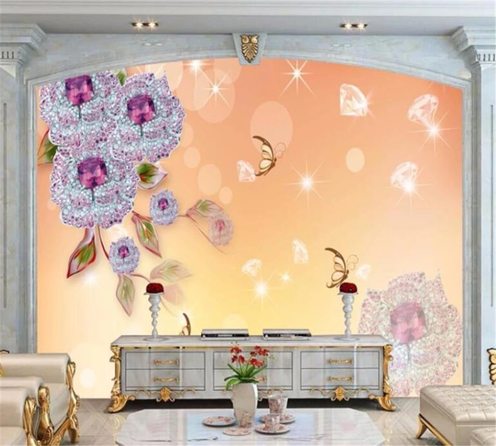 beibehang HD custom 3D wallpaper mural photo fashion crystal pearl rose butterfly romantic European home TV background wall |