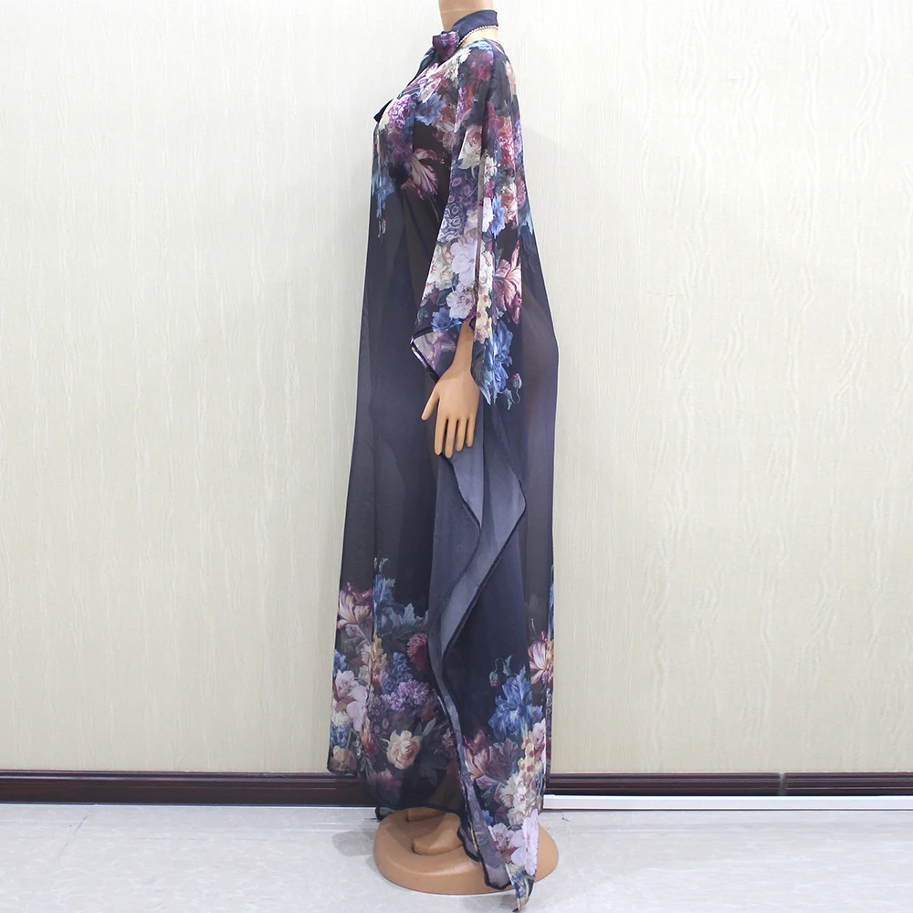 Elegant Chiffon Floral Print Autumn Sashes African Females Batwing Sleeve Sexy Party Dress for Women | Тематическая одежда и