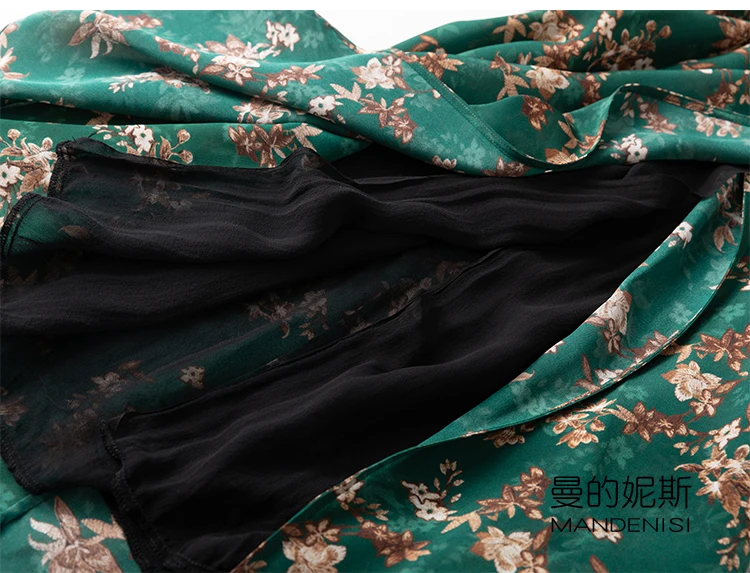 

Women's 100% Pure Silk crepe silk green floral print crew neck with long sleeve Midi Wrap Dress MM059