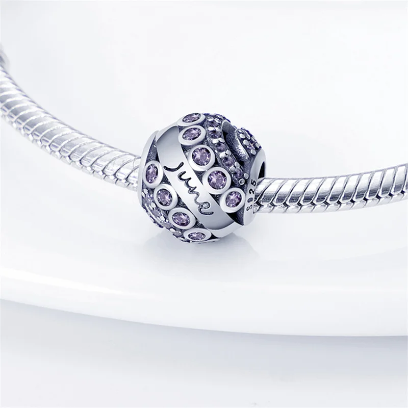 New Silver Birthstone Series June plata de ley Charms Bead Fits Original Pandora Bracelet Necklace Woman Fashion Jewelry Gift