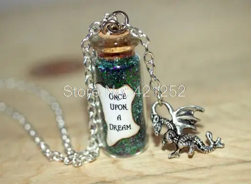 

12pcs Maleficent the Movie glass Bottle Necklace Once Upon a Creepy Dream with a Dragon Charm Sleeping Beauty Inspired necklace