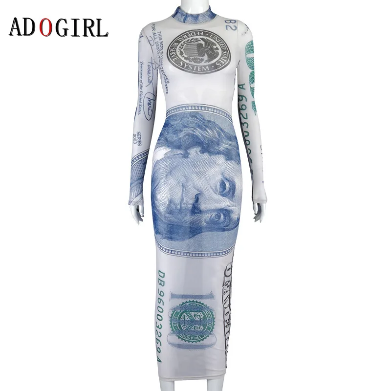 

Adogirl See Through Dollar Print Bodycon Dress Long Sleeve Elegant Party Sexy Club Shiny Dress Pencil Mini Vestido Fashion Stree