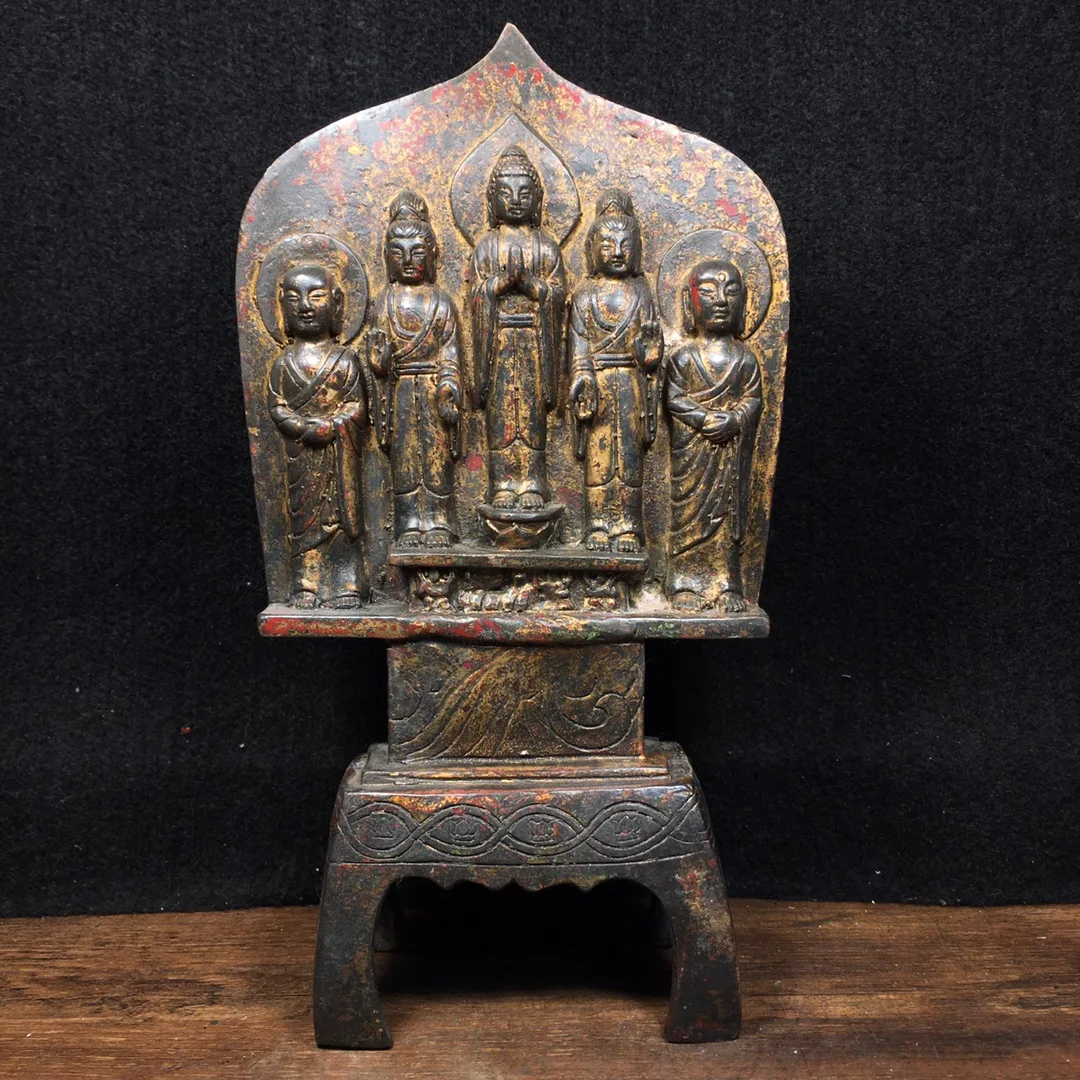 

Китайская народная коллекция 9 дюймов, старая бронзовая киноварный лак, пять статуй Будды Вэй на Северном языке, Будда, терраса, офисные укра...