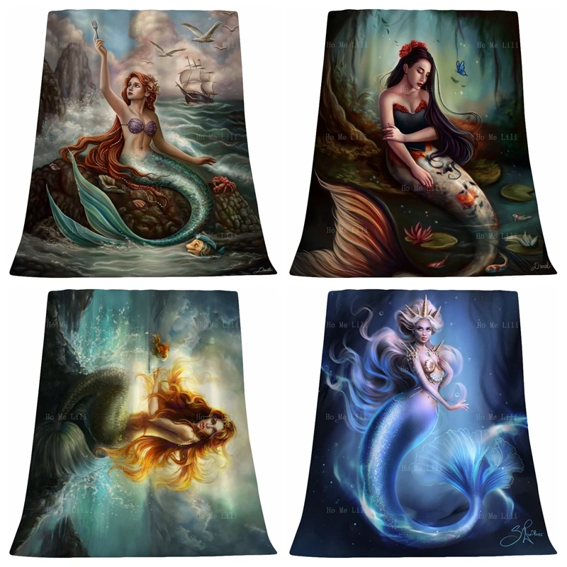 

Fantasy Fairy Art Mermaid Goddess The Tail Of Koi Carp Sitting On A Rock Myth Soft Warm Flannel Blanket By Ho Me Lili