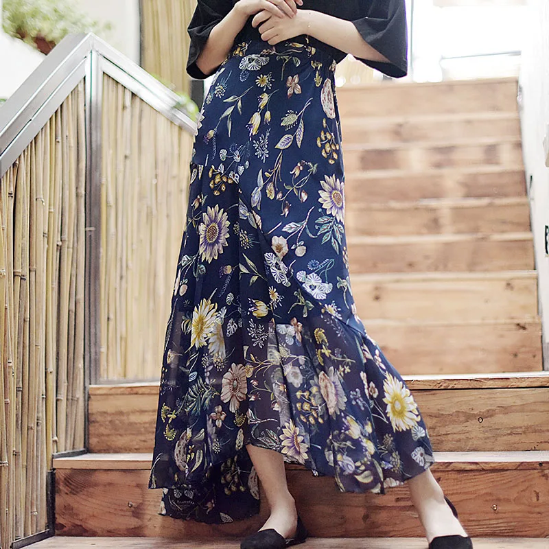 

2021 New ins Summer Floral Chiffon Skirt A-Line High Waist Elegant Slim All-Match Fishtail Long Skirt
