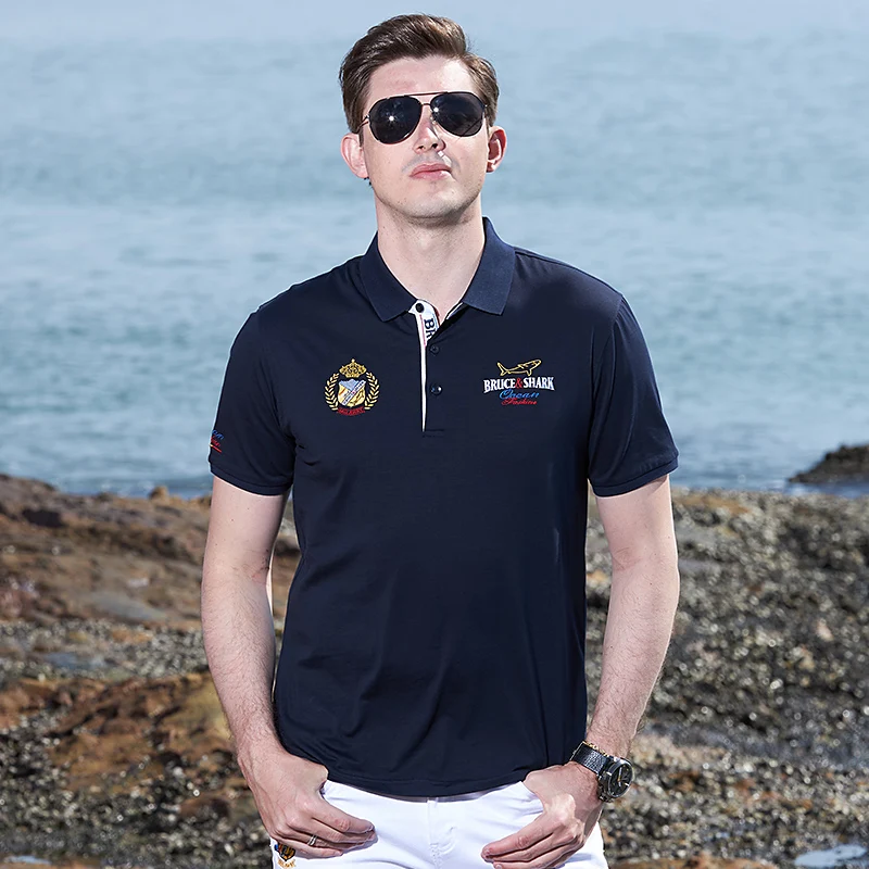 Мужская хлопковая рубашка-поло Повседневная Свободная с принтом Брюса и акулы