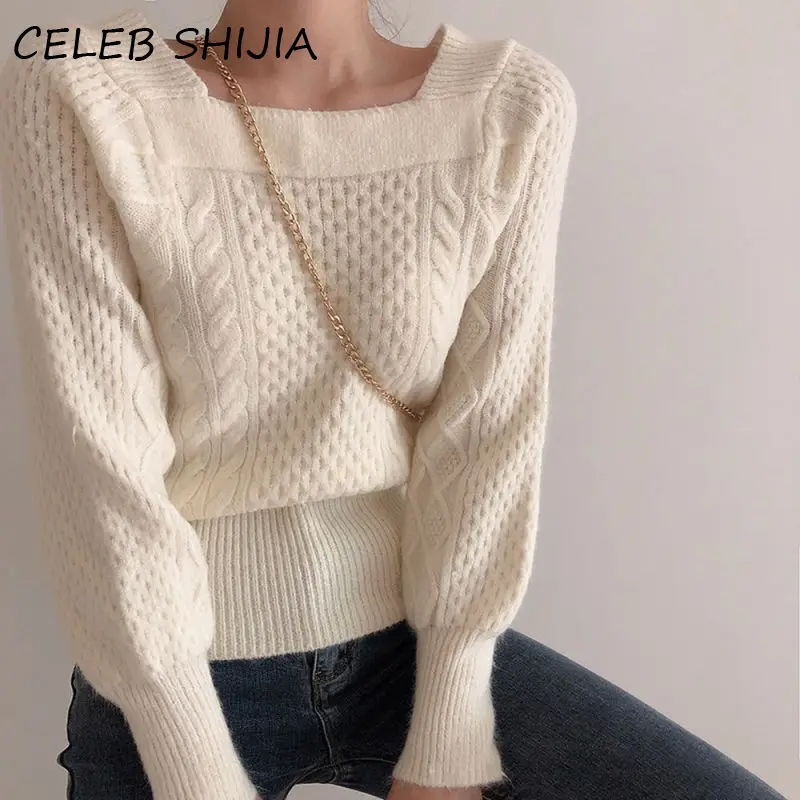 

SHIJIA New Autumn Square Collar Sweater for Woman Full-sleeve Apricot Twist Knitting Pullovers Soft Warm Jumper Femme 2022