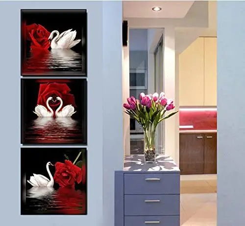 

3 Panels Romantic Swans Art Print On Canvas Red Rose Flowers Wall Art Decor Stretched Frames For Bedroom Bathroom