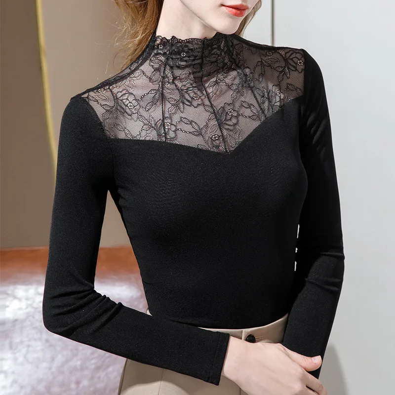 

Half high collar net bottomed shirt women's autumn and winter new style with long sleeve T-shirt and lace feminine top