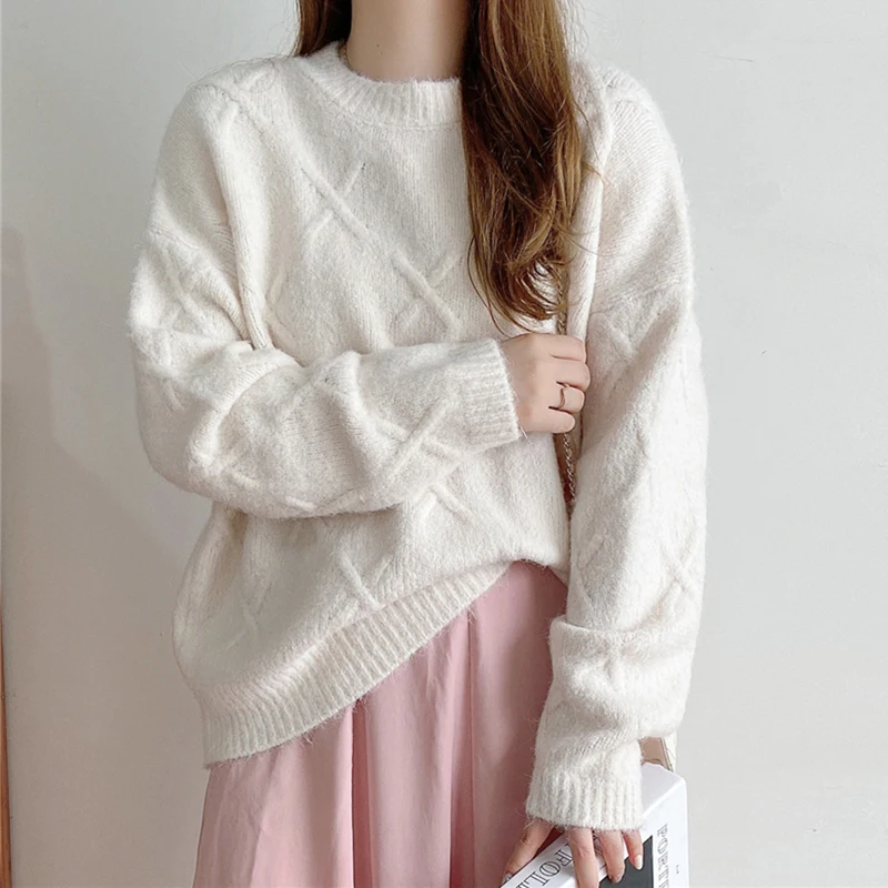 

SALEQI White Sweater Women Autumn Winter Thick Loose Style Pullovers O-Neck 2021 Fashion Casual Vintage Jumpers Ribbed Knitted