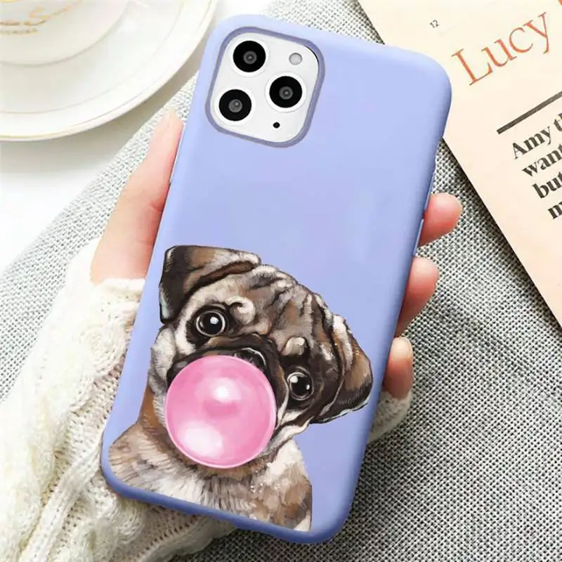 

Cute dog puppy Pug Bulldog blowing balloon Phone Case Candy Color Violet for iPhone 11 12 pro XS MAX 8 7 6 6S Plus X SE 2020 XR