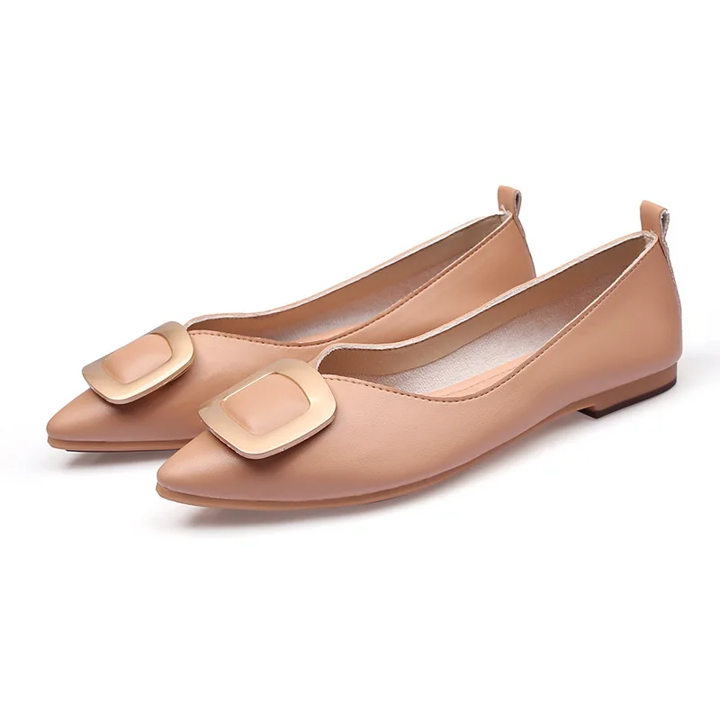 

Elegant PU Leather Solid Metal Decoration Pointed Toe Single Shoes Classic Sewing Wearable Soft Bottom Shallow Flat Office Shoes