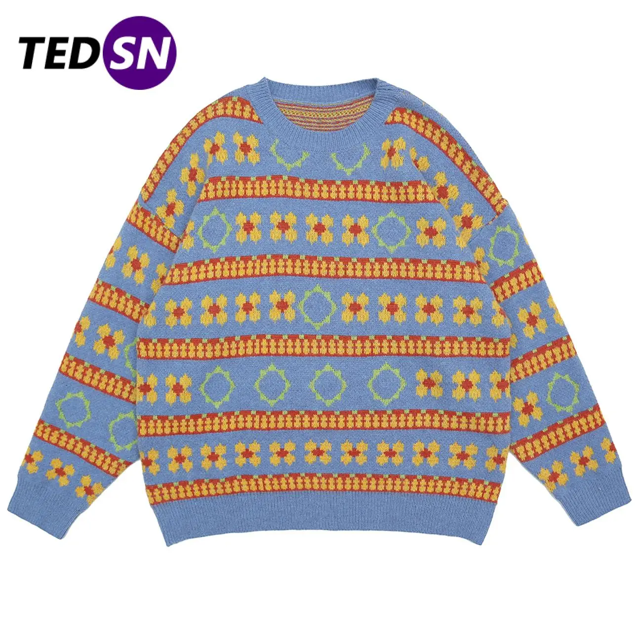 Вязаный свитер с цветными вставками цветочным принтом для мужчин и женщин 2021 в