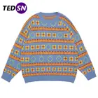 Вязаный свитер с цветными вставками, с цветочным принтом, для мужчин и женщин, 2021, свитер в стиле хип-хоп, пуловеры, Harajuku, уличная одежда, Хлопковый вязаный пуловер