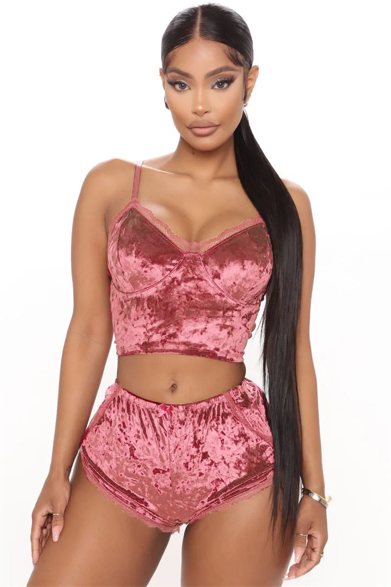 

Women's Sexy Golden Velvet Sleeping Wear, Solid Color Two-pieces Home Wear, Sleeveless Tops Short Pants Set