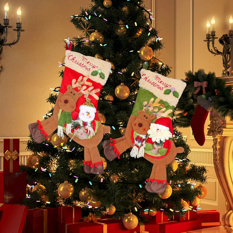 

Old Snowman Riding Deer Christmas Stockings Christmas Long Feet Candy Bag Christmas Tree Ornaments Gift Bag Chrismas Decoration