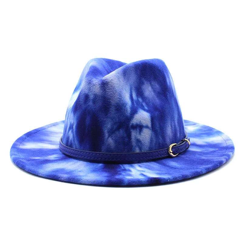 

Spring Wide Brim Tie-dye Blue Belt Women Men Fedora Hats Ladies Vintage Fascinator Multicolor Panama Felt Jazz Hat Wholesale
