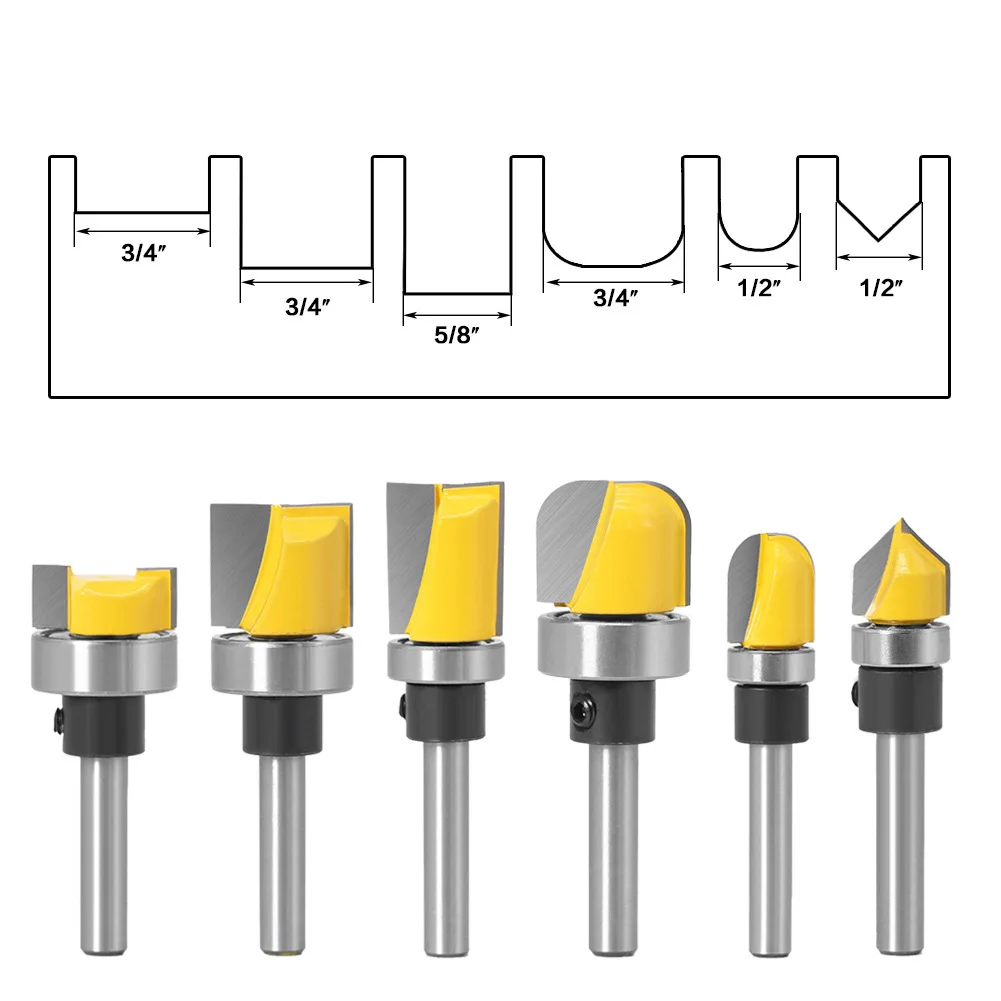 

1/4" (6.35mm) Shank Pattern Round Nose and V-Groove Router Bits 6-Piece Mixer Set with Bearing Wood Template Milling Cutters