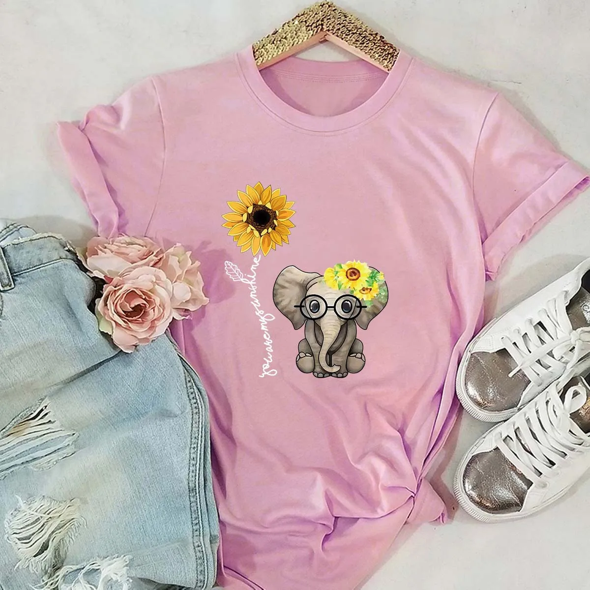

JFUNCY Plus Size Female Tshirt 100%Cotton T Shirts Women Short Sleeve Tees Summer Loose T-Shirt New Cute Elephant Print Tops