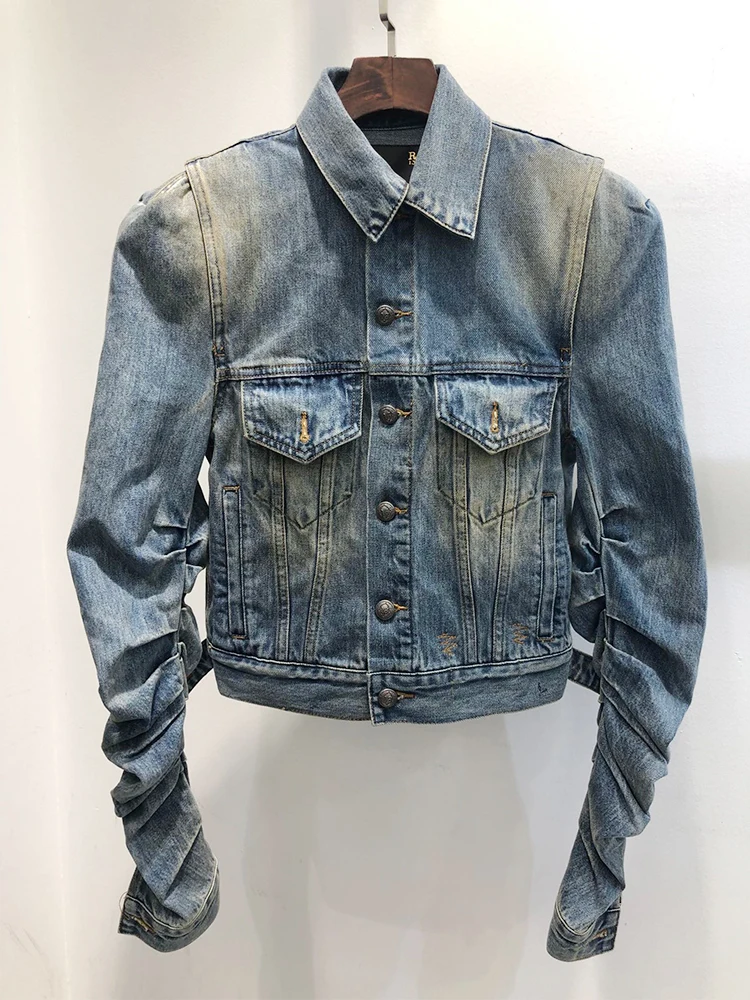 

Streetwear Blue Vintage Old Washed Water Stitching Contour Long-Sleeved Pleated Short Denim Jacket 2021 Spring Women's Clothing