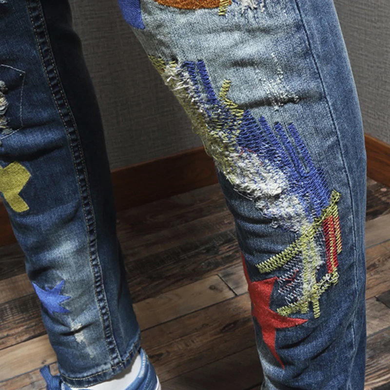 

American Streetwear Fashion Men Jeans Retro Blue Elastic Cotton Punk Ripped Jeans Men Embroidery Patches Designer Hip Hop Pants