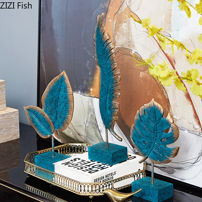 Статуэтка из смолы с синими листьями пальмы настольное украшение Мраморная