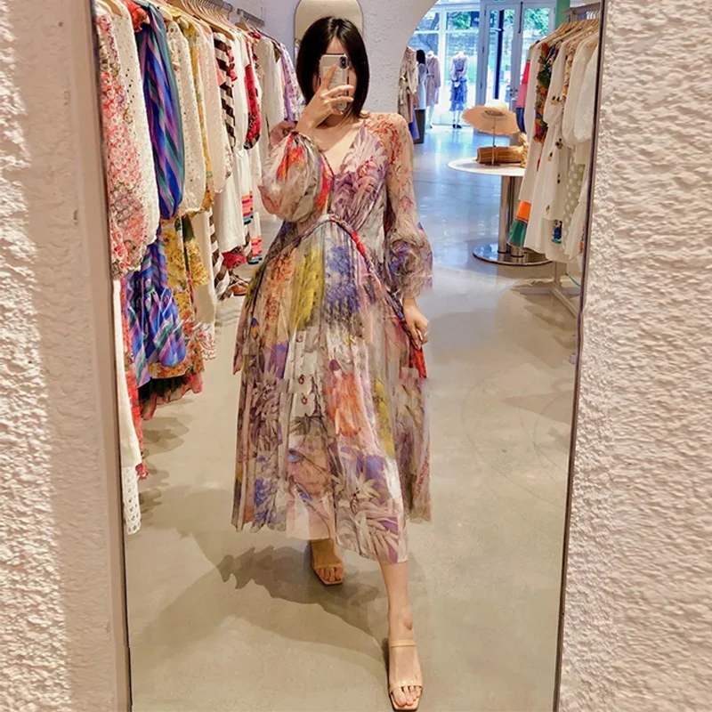 

Australia Fashion Casual Dress French Ink Flower Flowers Bird Holiday Print V-neck Loose Lantern Sleeve Long Dress