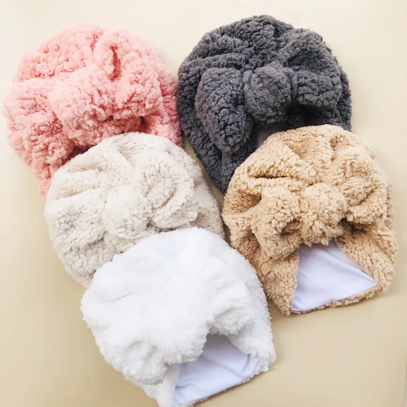 

Fashion Winter Furry Oversized Bow Beanie Hats for Newborn Baby Girls 0-2y Kids Faux Wool Warm Caps