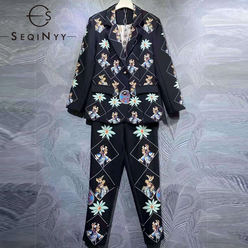 

Винтажный черный комплект SEQINYY, весна-осень, новый модный дизайн, Женский подиумный пиджак + узкие брюки, Элегантный принт воина, высокое кач...
