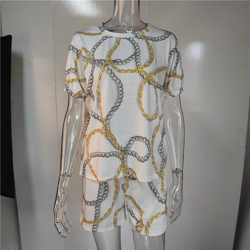 

Two Piece Set Women Home Casual 2 Piece Set Women Chain Print Beach Vintage Summer Round Neck Loose Holidays Clothes For Women
