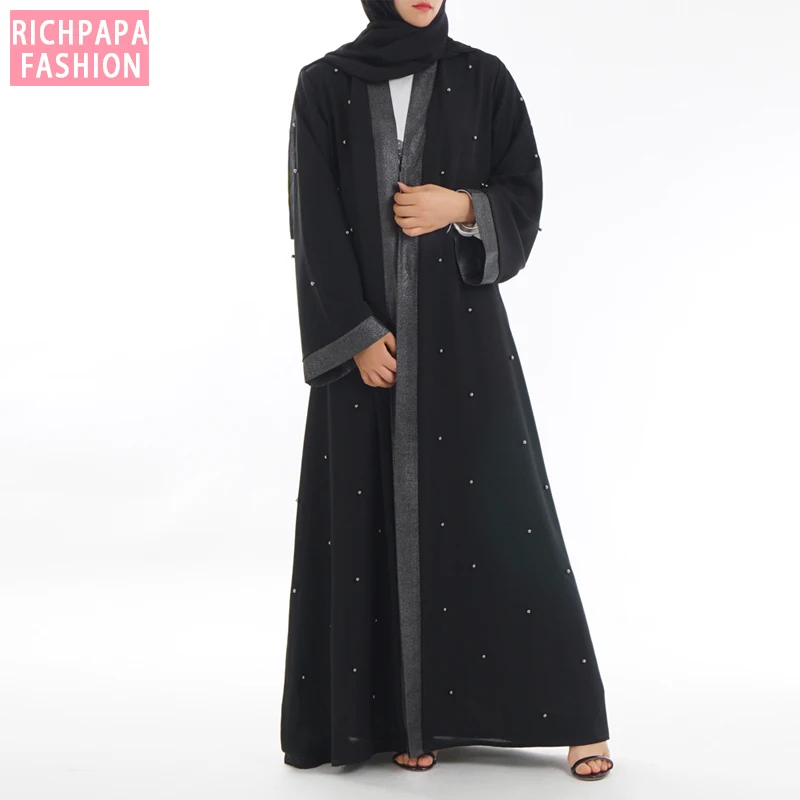 Черная открытая мусульманская абайя платье Дубай турецкое женское кафтан кимоно