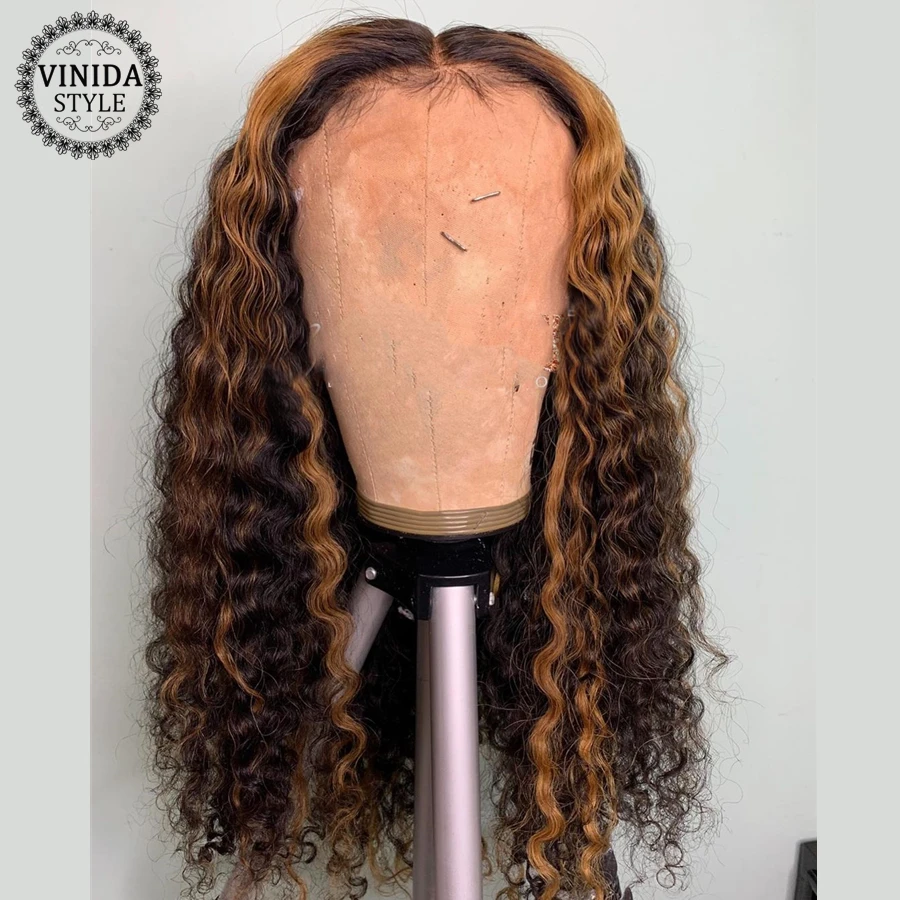 VINIDA STYLE Highlight Curly 150% Density T-part Lace Front Human Hair Wigs Scalp Top Closure With Baby Non-Remy | Шиньоны и парики