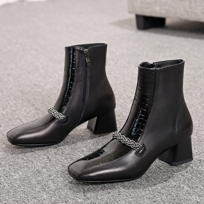 

Classic Office Women Ankle Boots Autumn Winter Square High Heeled Chelsea Boots Genuine Leather crystal Shoes Woman