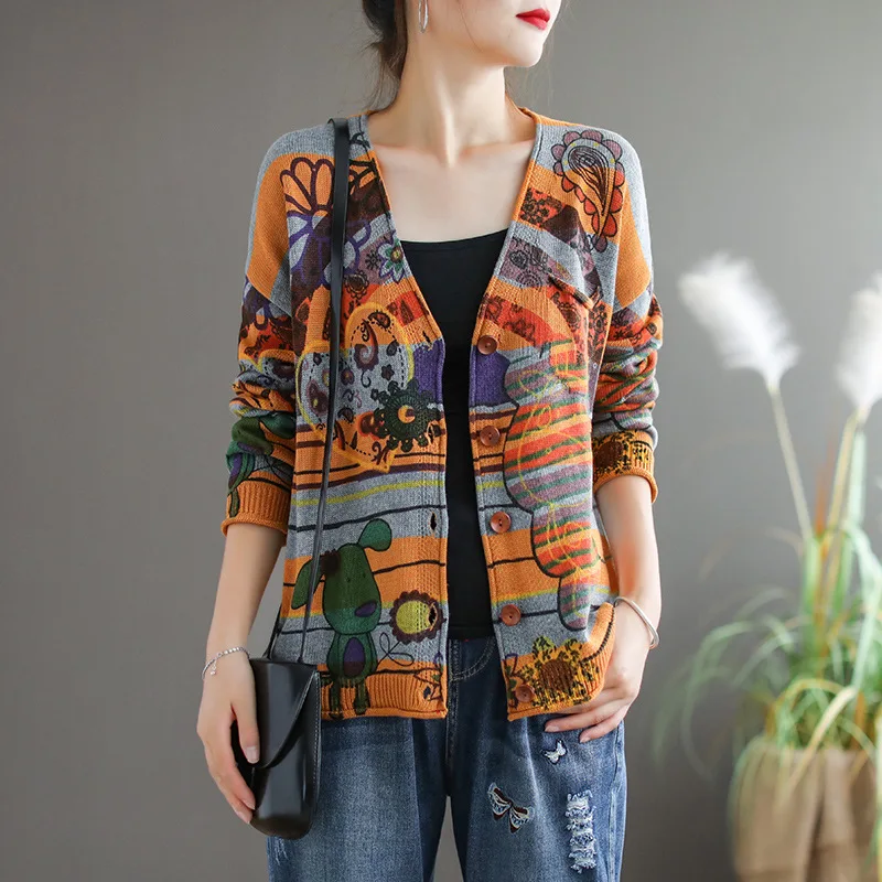 Разноцветные вязаные кардиганы с v-образным вырезом и длинным рукавом Harakuju