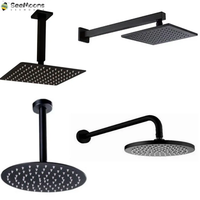 

Black Round and Square Rain Shower Head Ultrathin 2 mm 8 10 12 16 Inch Choice Bathroom Wall & Ceiling Mounted Shower Arm