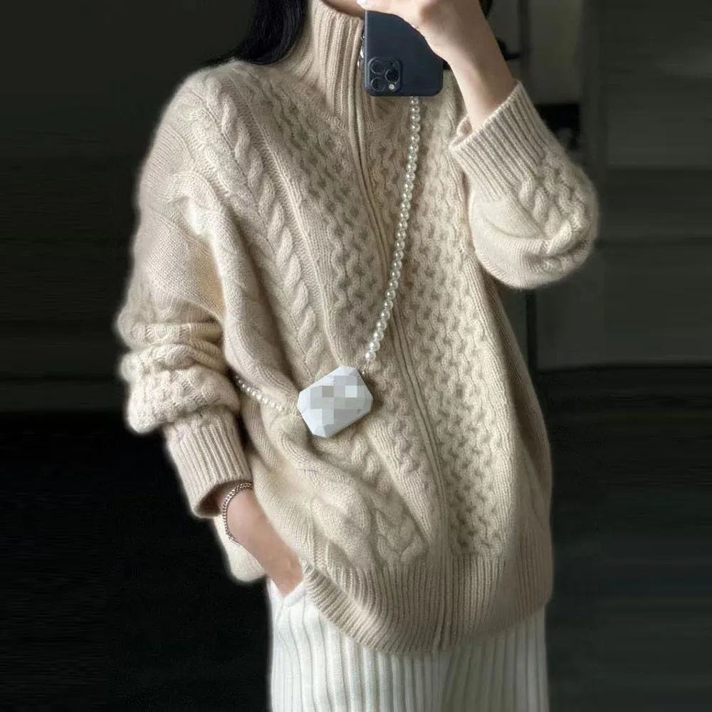 

Beige Sweater For Women Turtleneck Winter Autumn 2021 Fashion Thread Patchwork Long Sleeves Thick Female Solid Knitted Outwear