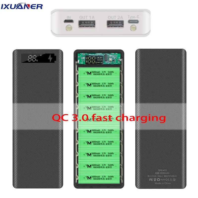 

10*18650 Внешний аккумулятор с двумя USB-портами, корпус аккумулятора Qc 3,0, быстрая зарядка 30000 мАч, внешний аккумулятор с разъемом микро Type-C, комп...