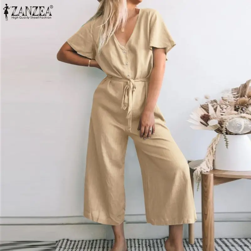 

2021 Summer Solid V Neck Romper Womens Fashion Long Jumpauits ZANZEA Ruffle Wide Leg Playsuits Lady Casual Loose Button Overalls