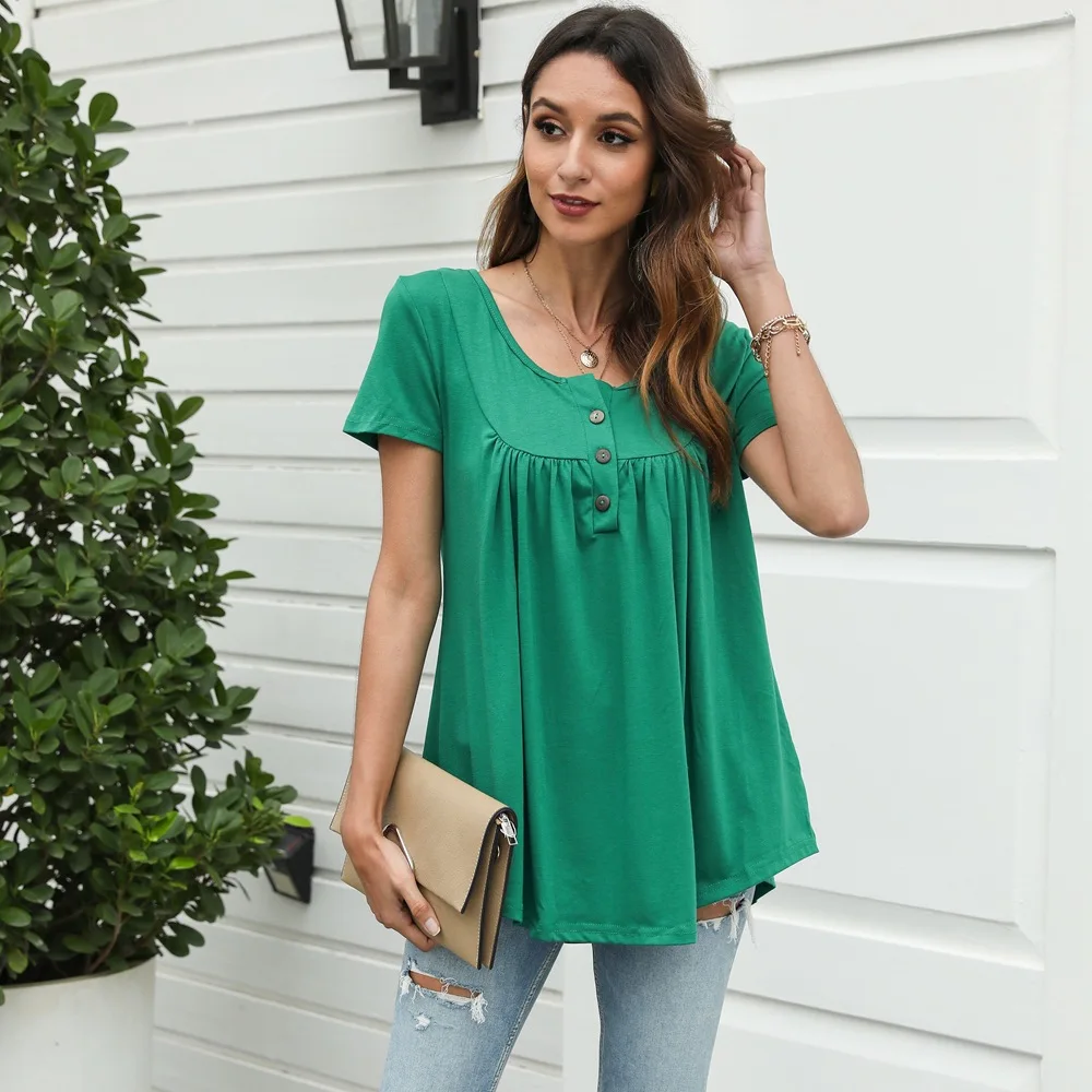 

Summer 2021 Plus Size Woman Tshirts Casual Loose Waist Short Sleeve Tees Vintage Folds Button Green Tops for Women Free Shipping