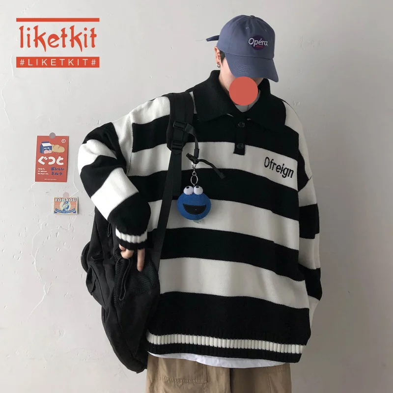 Liketkit японские зимние свитшоты мужские 2019 полосатые с вышивкой большие уличные