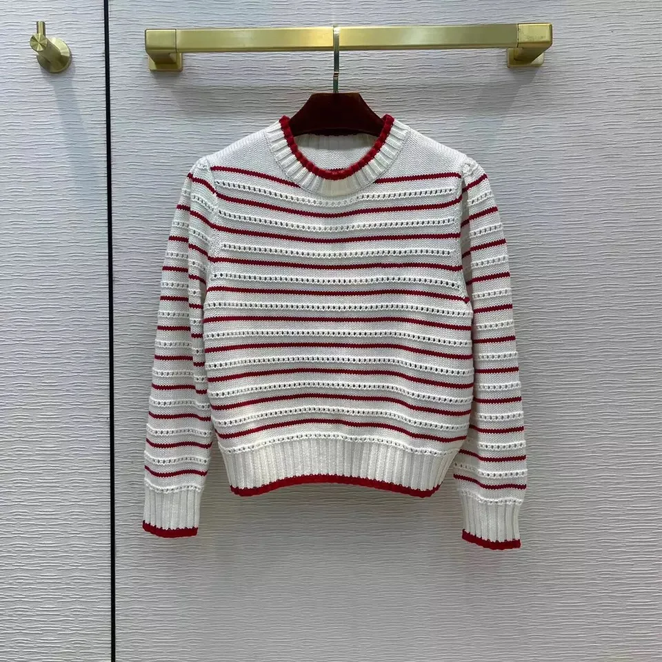 

Wool Casual Stripes Contrast Hollow Out Knitted Pullover Women's Sweater O-neck Long Sleeve Streetwear Autumn Short Jumper