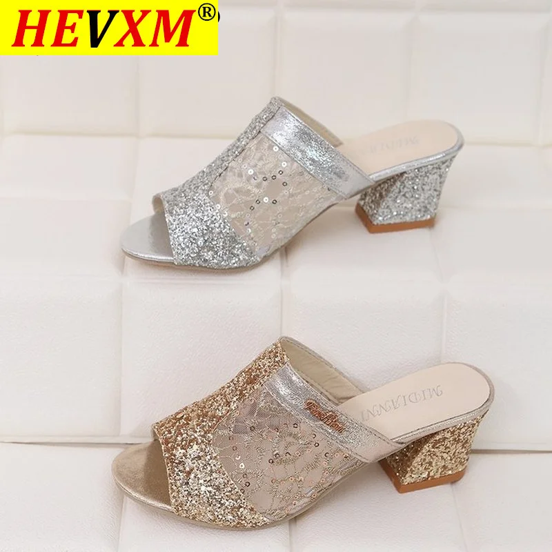 

2021 Woman Summer Sandals Gold Open Toe Sandal Lace Dress Shoes Womens High Heels Sandals Square Heeled Pumps Ladies Shoes 6.5CM