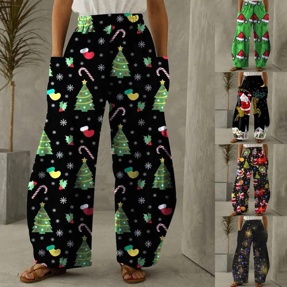 

Casual Pants Fashion Christmas Tree Snowflake Print Women Casual Trousers Straight Ankle-Length Xmas Pants