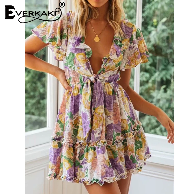 Женское Короткое платье в стиле бохо Everkaki с цветочным принтом и оборками летнее